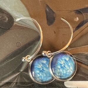 Blue and Silver Dandelion Hoop Earrings